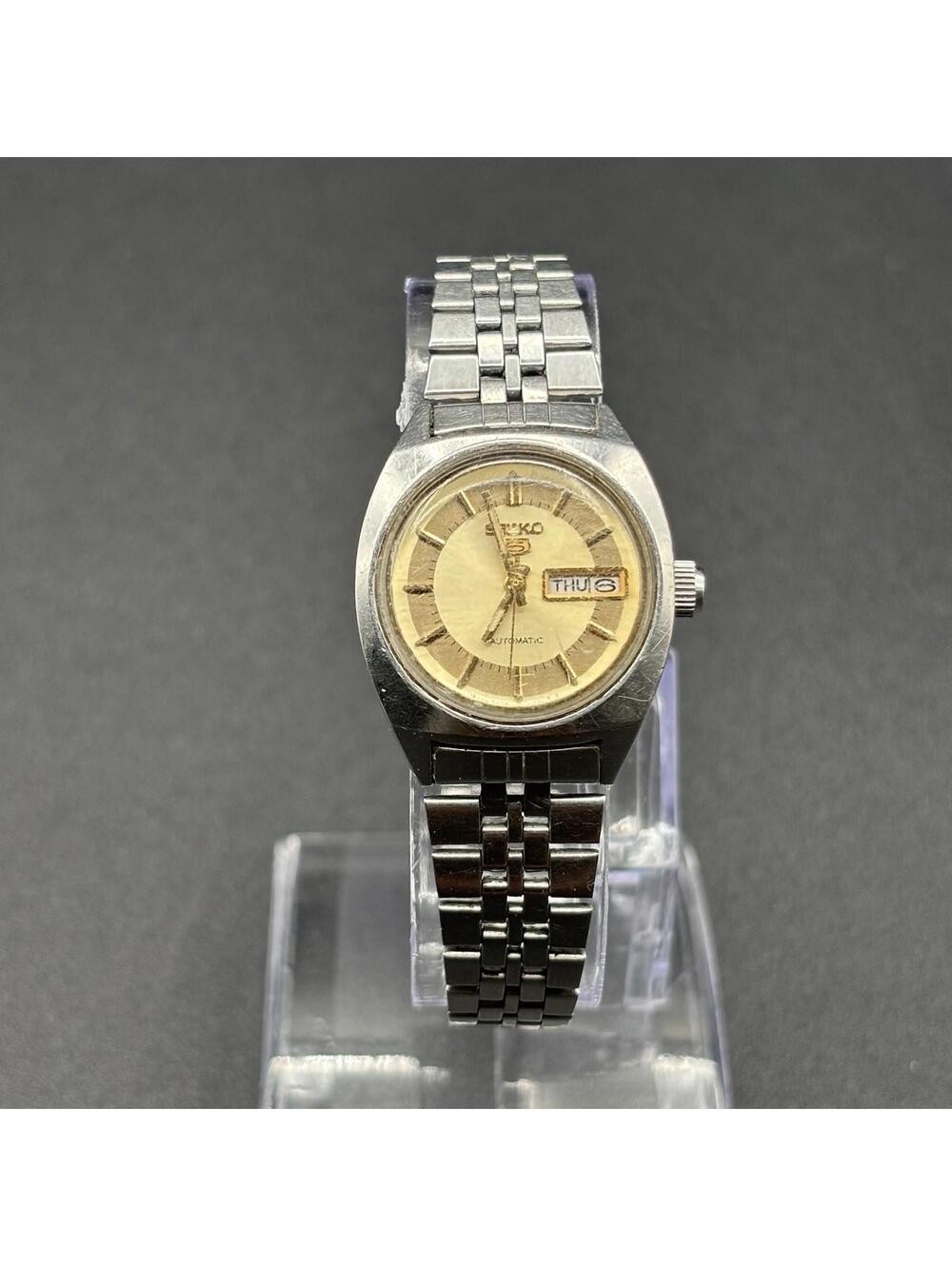 Seiko 5 Silver Tone Ladies Automatic Watch Gold Dial - Runs - Needs Servicing